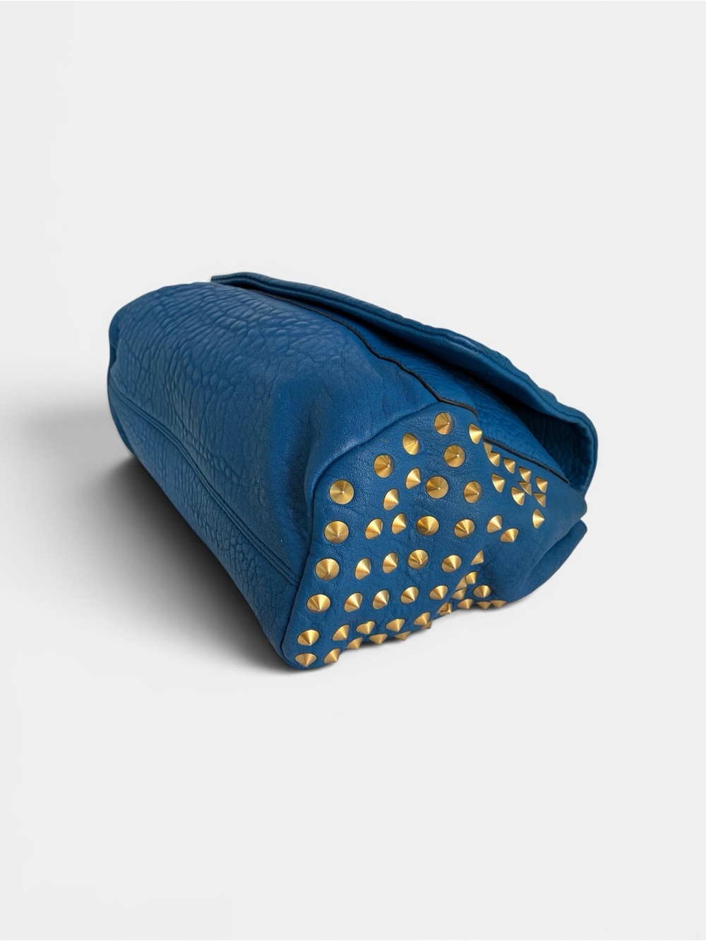 MCM Blue Pebbled Leather Studded Satchel Crossbody Bag Gold Hardware - Picture 7 of 13